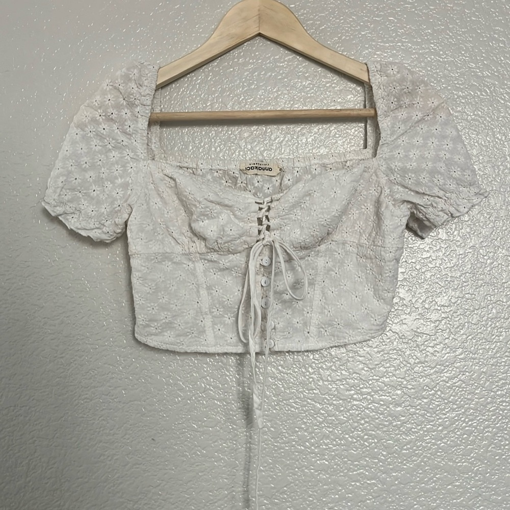 Anna-Kaci White Eyelet Cropped Top